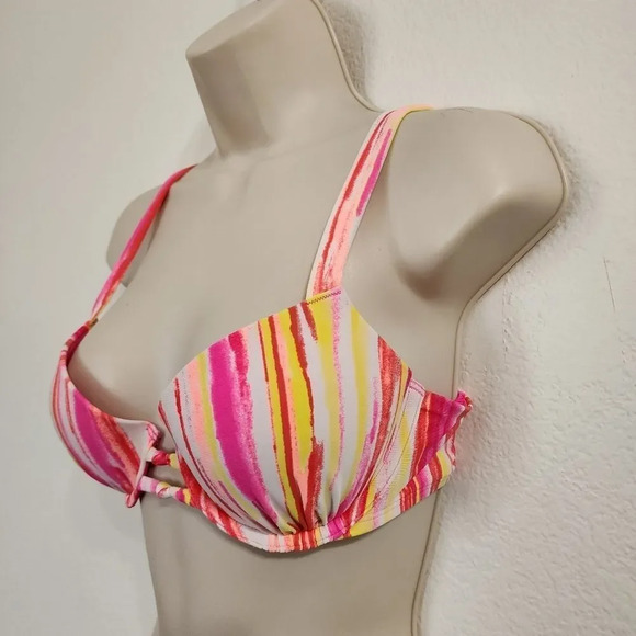 AERIE SWIM Pink Yellow Bridget Bikini Top Size 34C - Picture 3 of 9